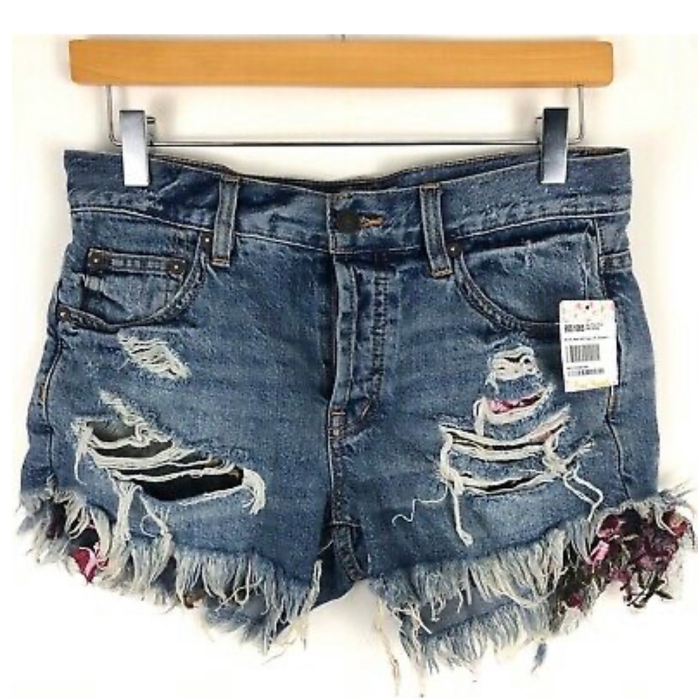 We The Free Denim Shorts Lace Embroidered Floral